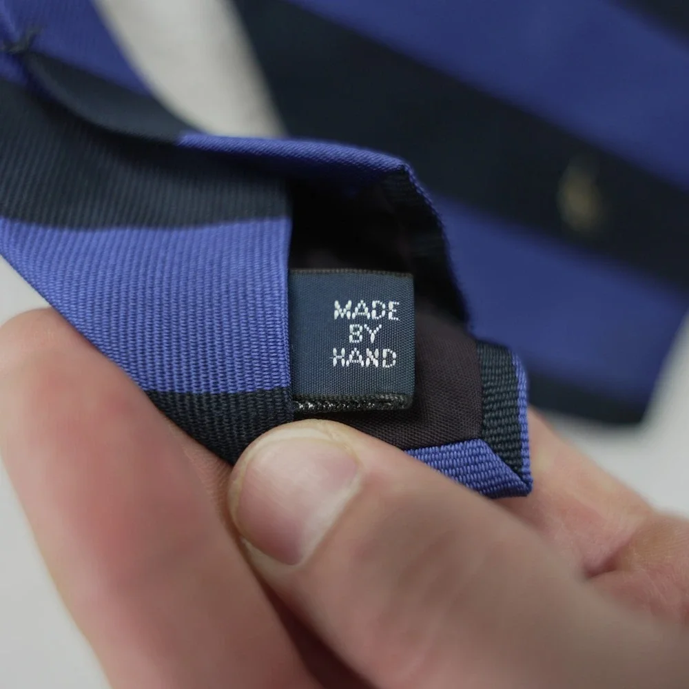 Polo Ralph Lauren Mens Silk Tie Blue Navy Striped Pony Logo Made in USA Handmade